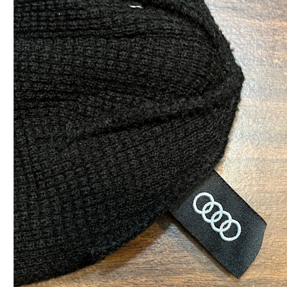Black Knit Beanie Hat with Leather Patch Logo – Unisex Winter Cuffed Beanie - Picture 4 of 7